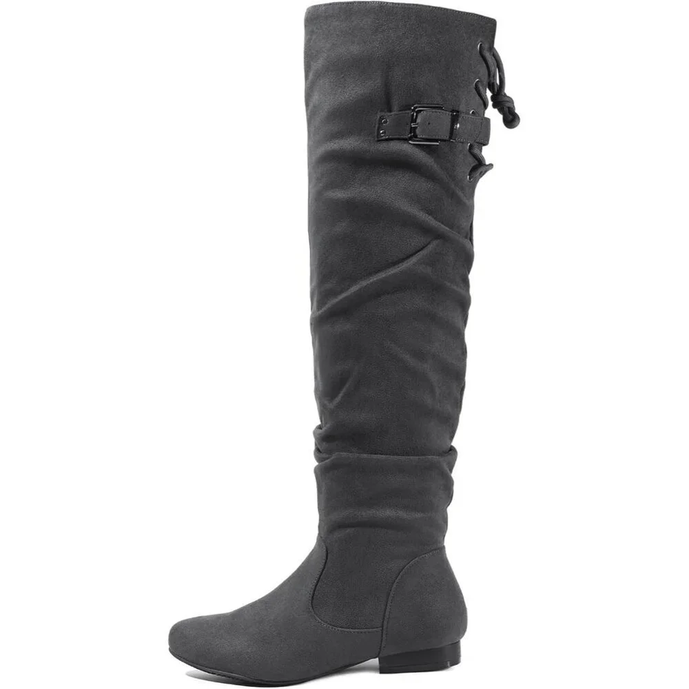 Women's Grey Suede Over The Knee Thigh High Comfortable Low Heel Winter Boots